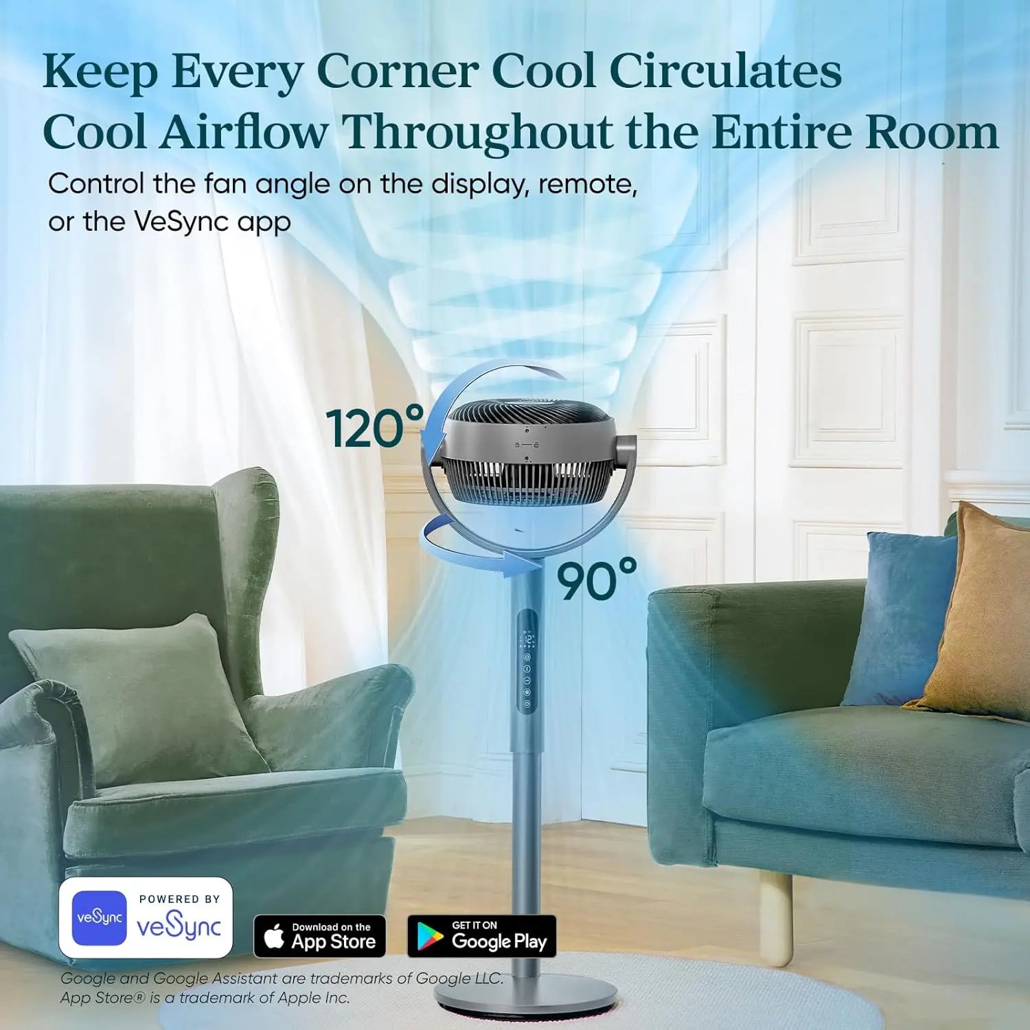 Levoit Corebreeze R432 Smart Standing cooling Fan 1451CFM High Airflow WiFi/Voice Control 12H Timer 120°+90° Oscillating 20dB 12 Speeds Pedestal & Tabletop